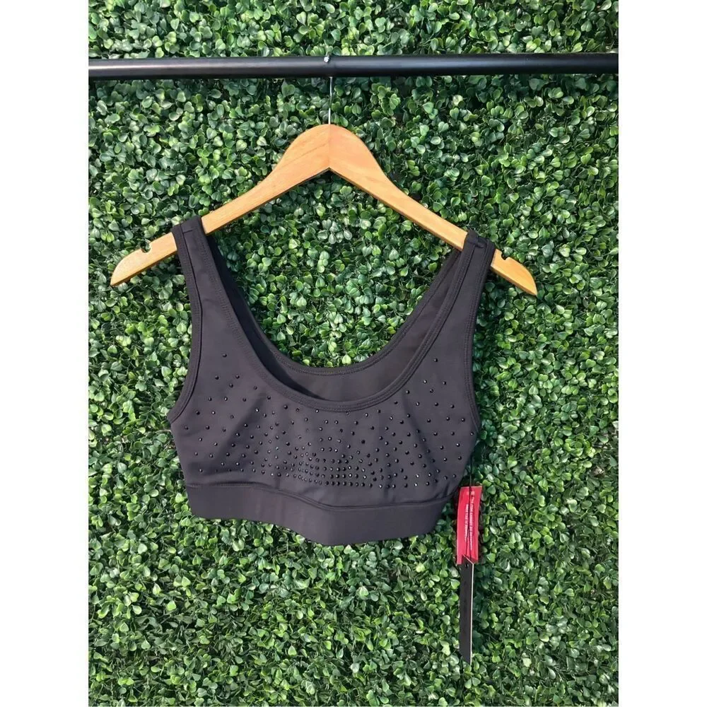 Carbon38 Rhinestones Cut Out Scoop Bra in Diamond Compression - Black Sz Small N